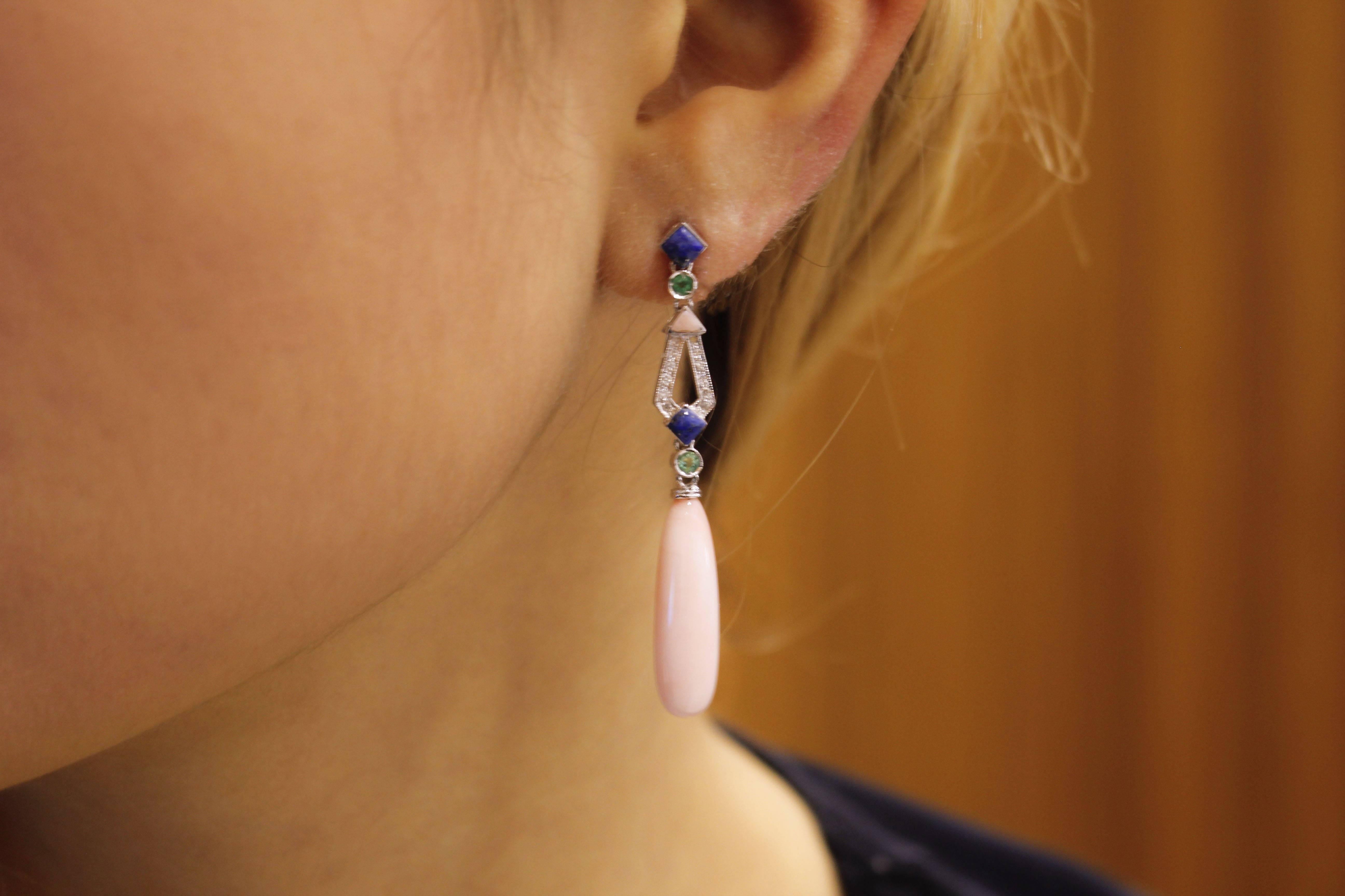 Emeralds, Diamonds, Lapis, Pink Coral Drops, 14K White Gold Drop Earrings 2