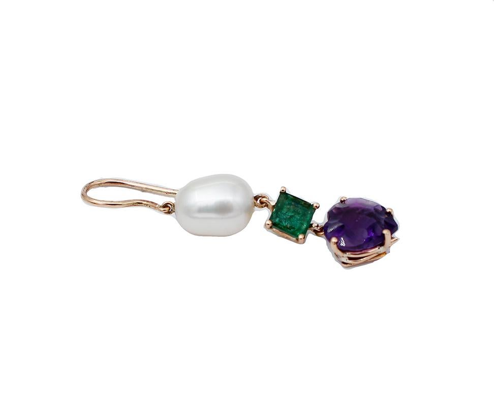 Retro Emeralds, Amethysts, Baroque Pearl, 14 Karat Rose Gold Dangle Earrings