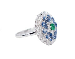 Emerald, Sapphires, Diamonds, 14 Karat White Gold Ring