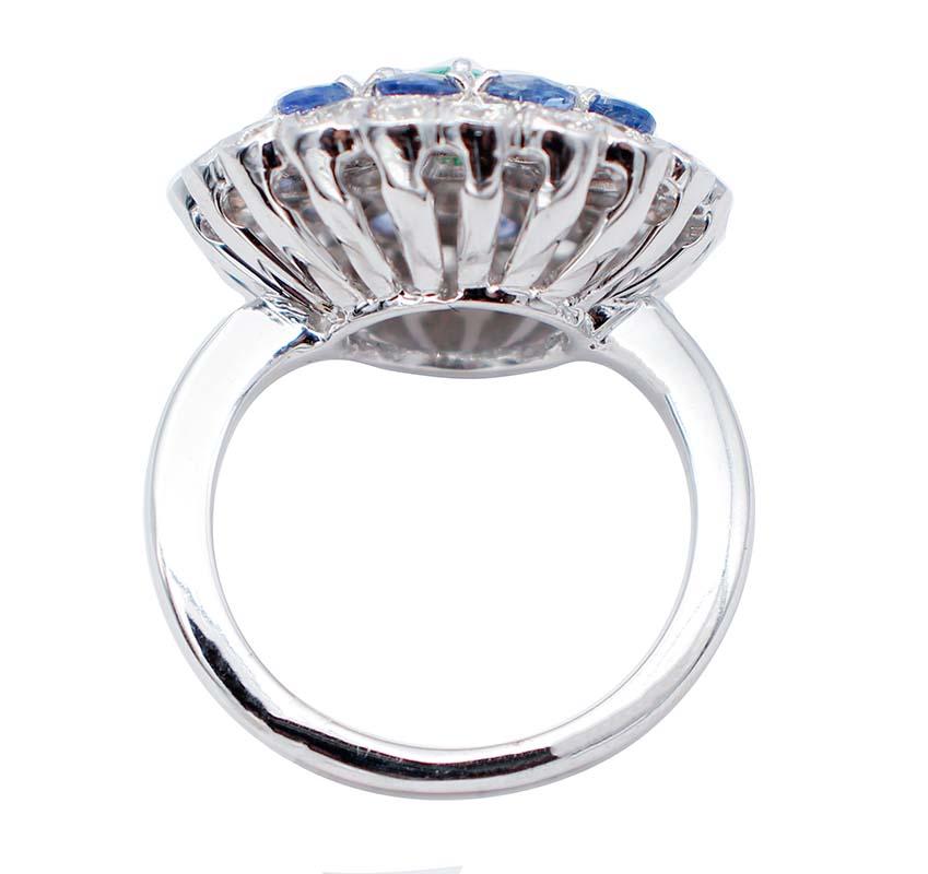 Retro Emerald, Sapphires, Diamonds, 14 Karat White Gold Ring For Sale