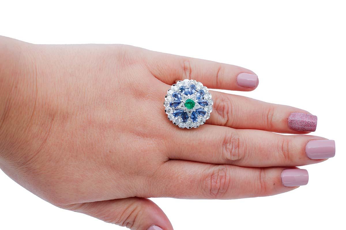 Mixed Cut Emerald, Sapphires, Diamonds, 14 Karat White Gold Ring For Sale