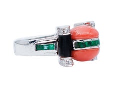 Emeralds, Coral, Onyx, Diamonds, 14 Karat White Gold Ring
