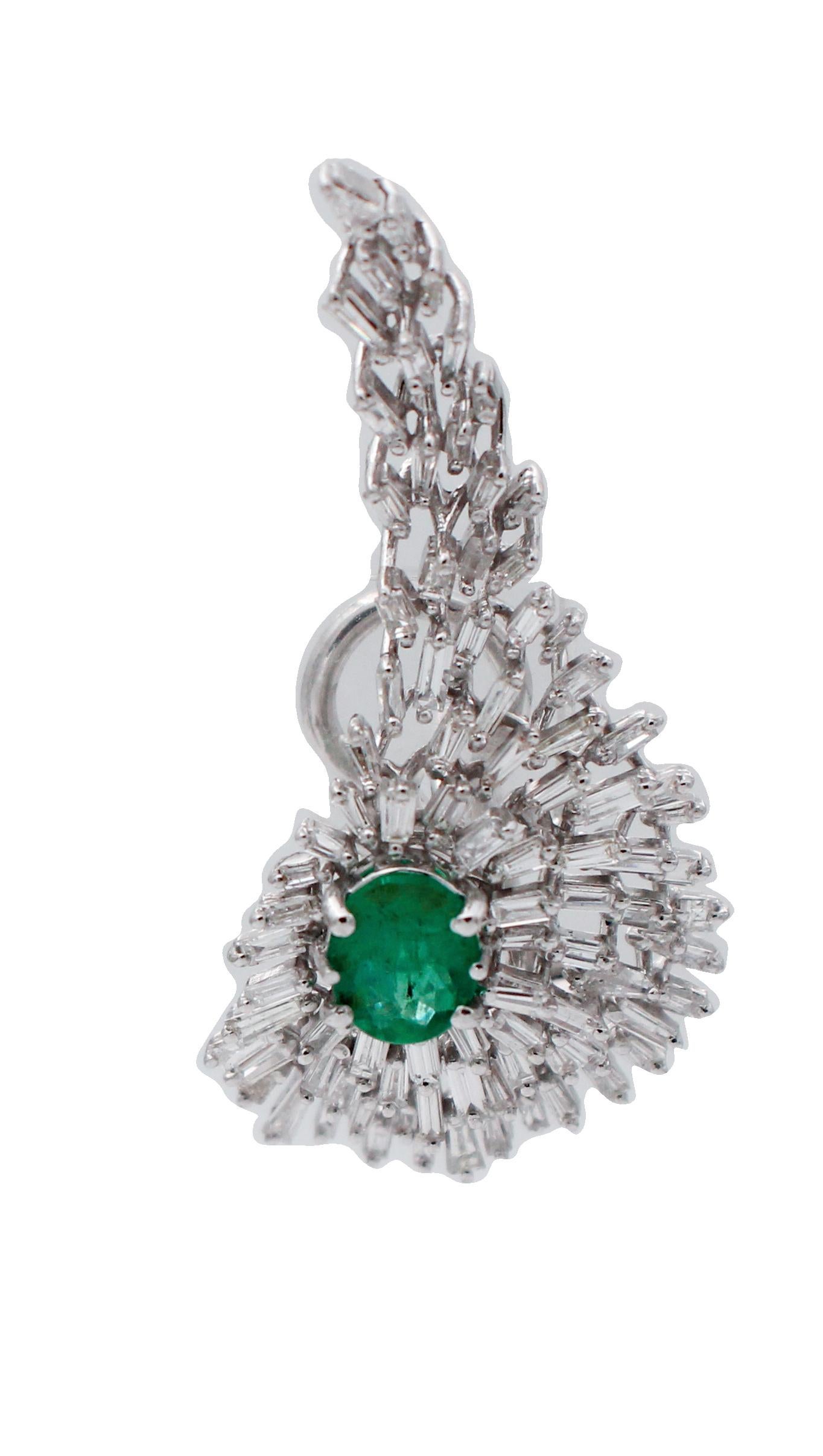 Mixed Cut Emeralds, Diamonds, 18 Karat White Gold Earrings