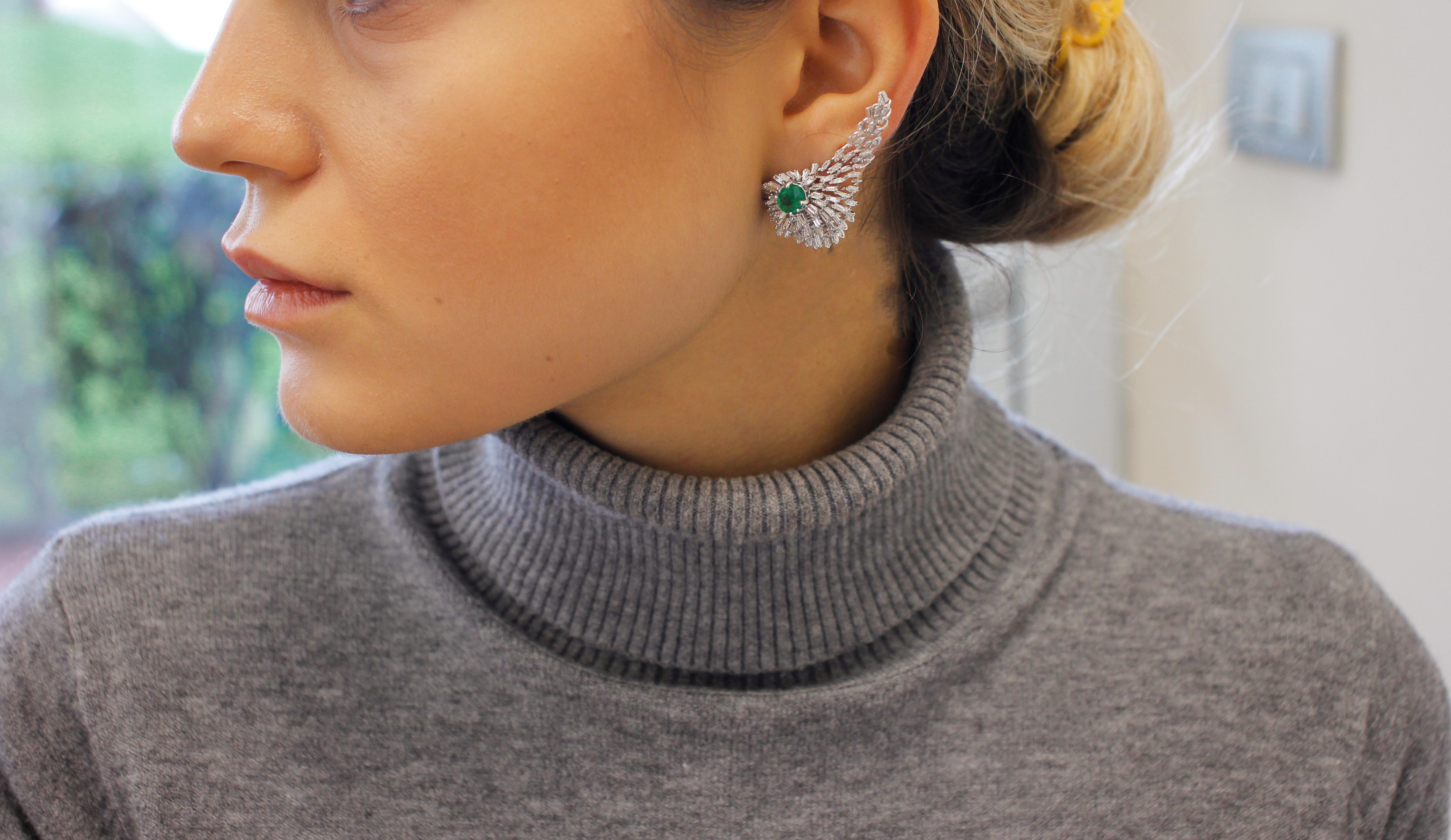 Emeralds, Diamonds, 18 Karat White Gold Earrings 2