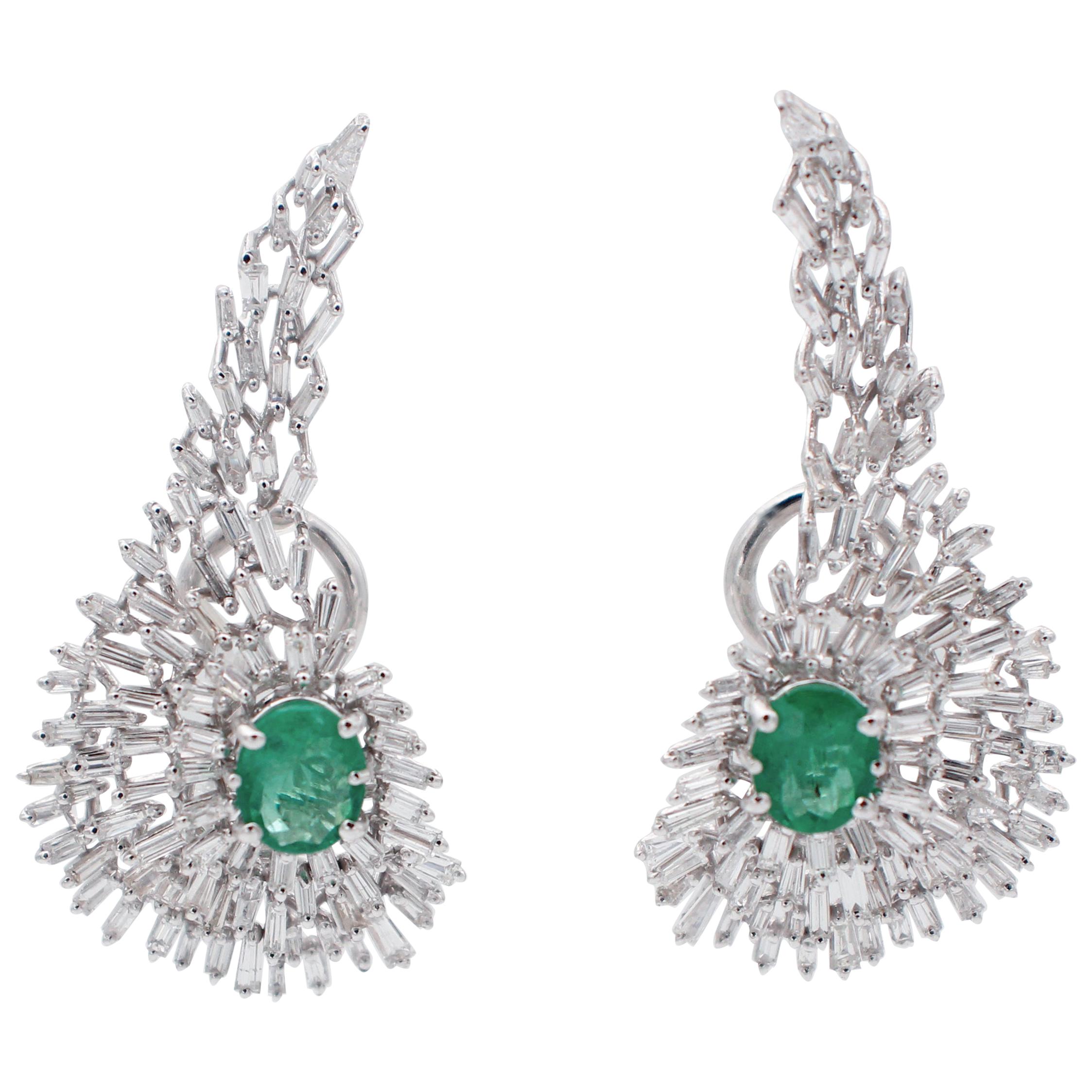 Emeralds, Diamonds, 18 Karat White Gold Earrings