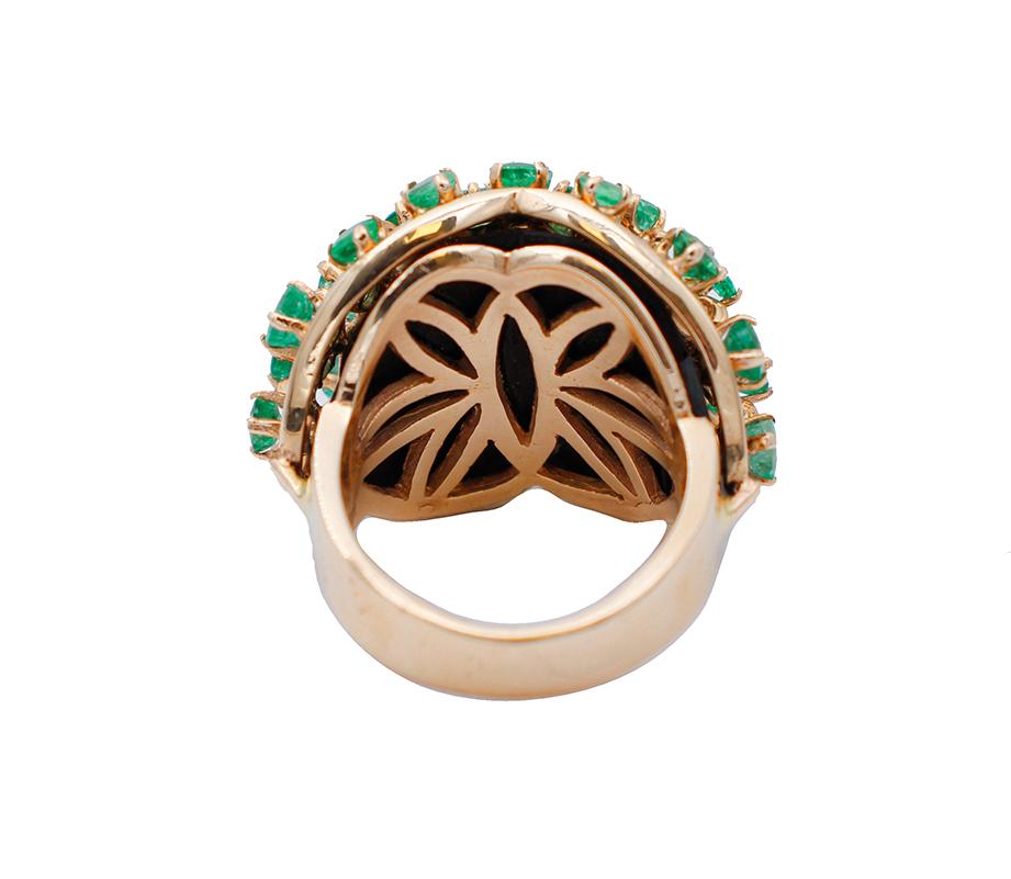 Retro Emeralds, Diamonds, 14 Karat Rose Gold Ring For Sale