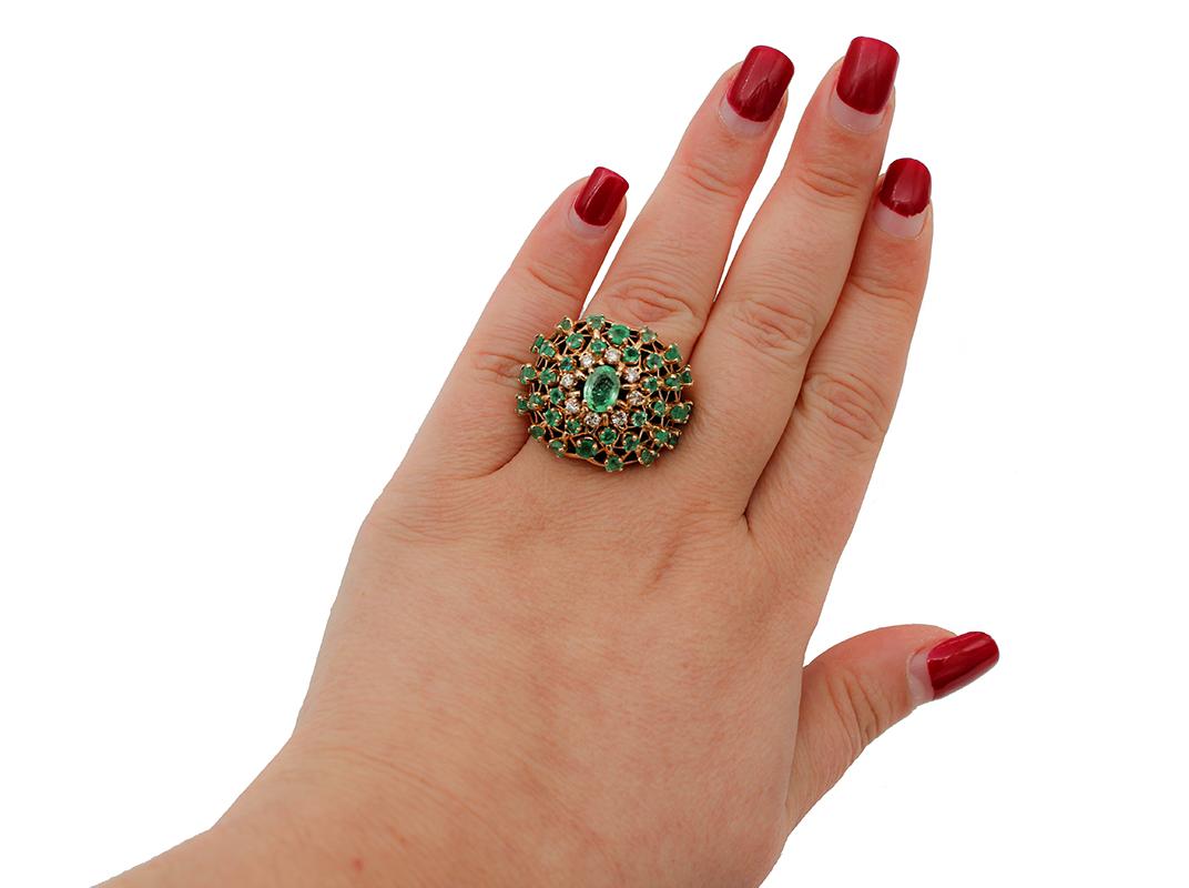 Mixed Cut Emeralds, Diamonds, 14 Karat Rose Gold Ring For Sale