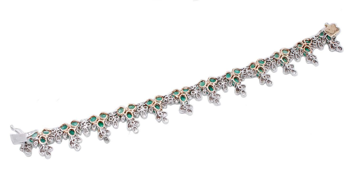 Retro Emeralds, Diamonds, 14 Karat White and Rose Gold Bracelet For Sale