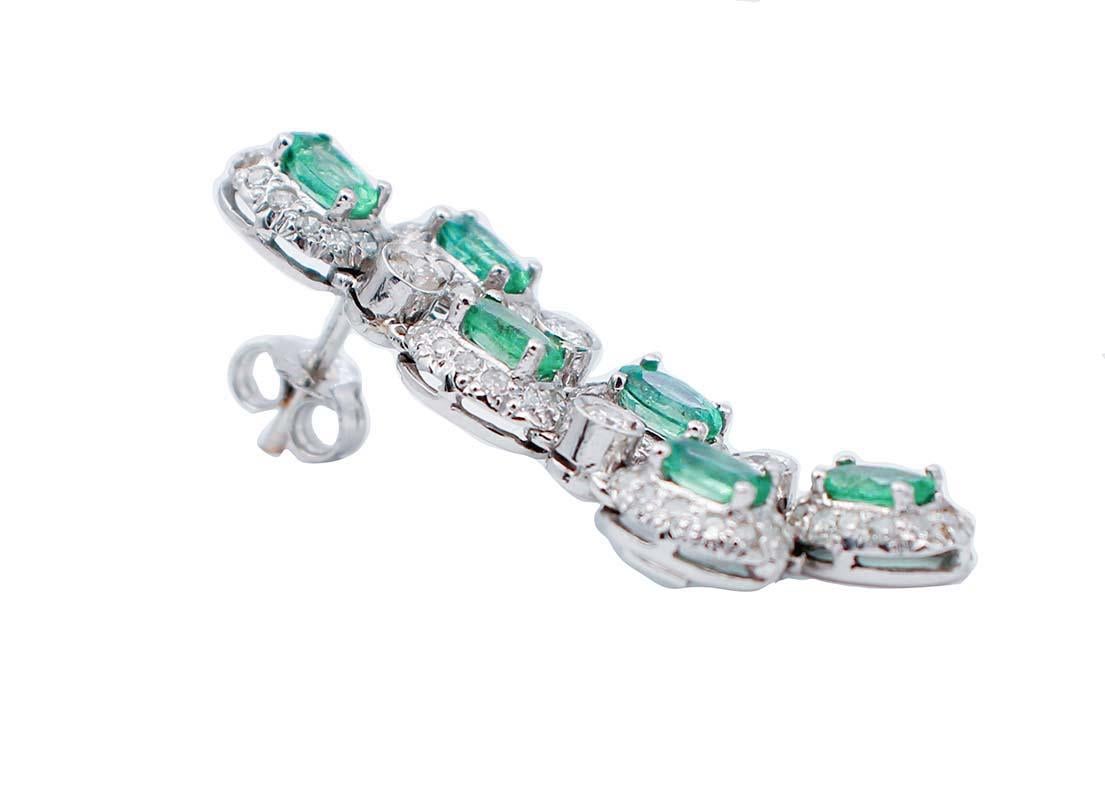 Mixed Cut Emeralds, Diamonds, 14 Karat White Gold Dangle Earrings.