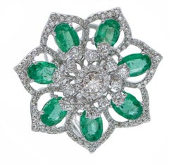 Emeralds, Diamonds, 14 Karat White Gold Flower Earrings