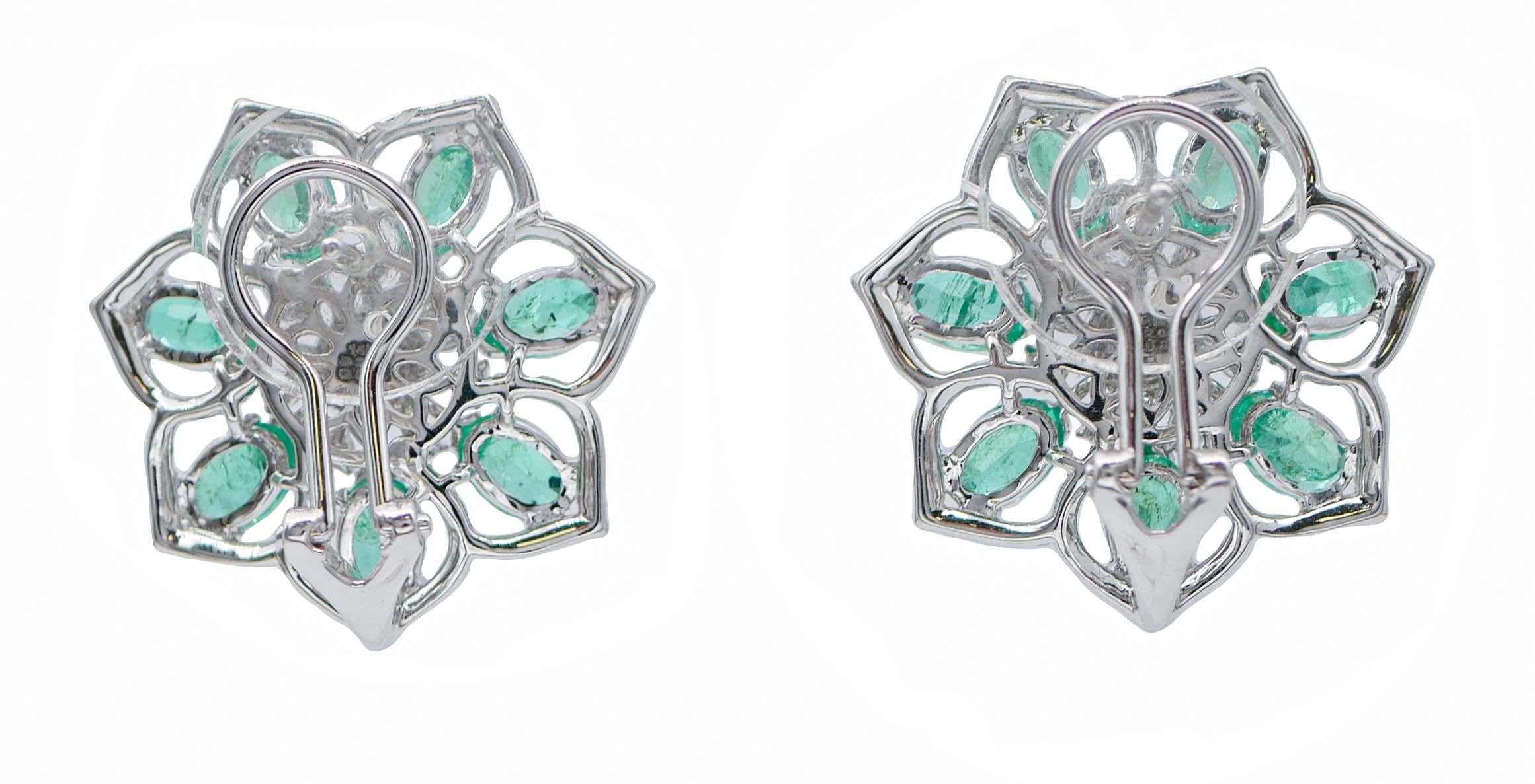 Retro Emeralds, Diamonds, 14 Karat White Gold Flower Earrings For Sale