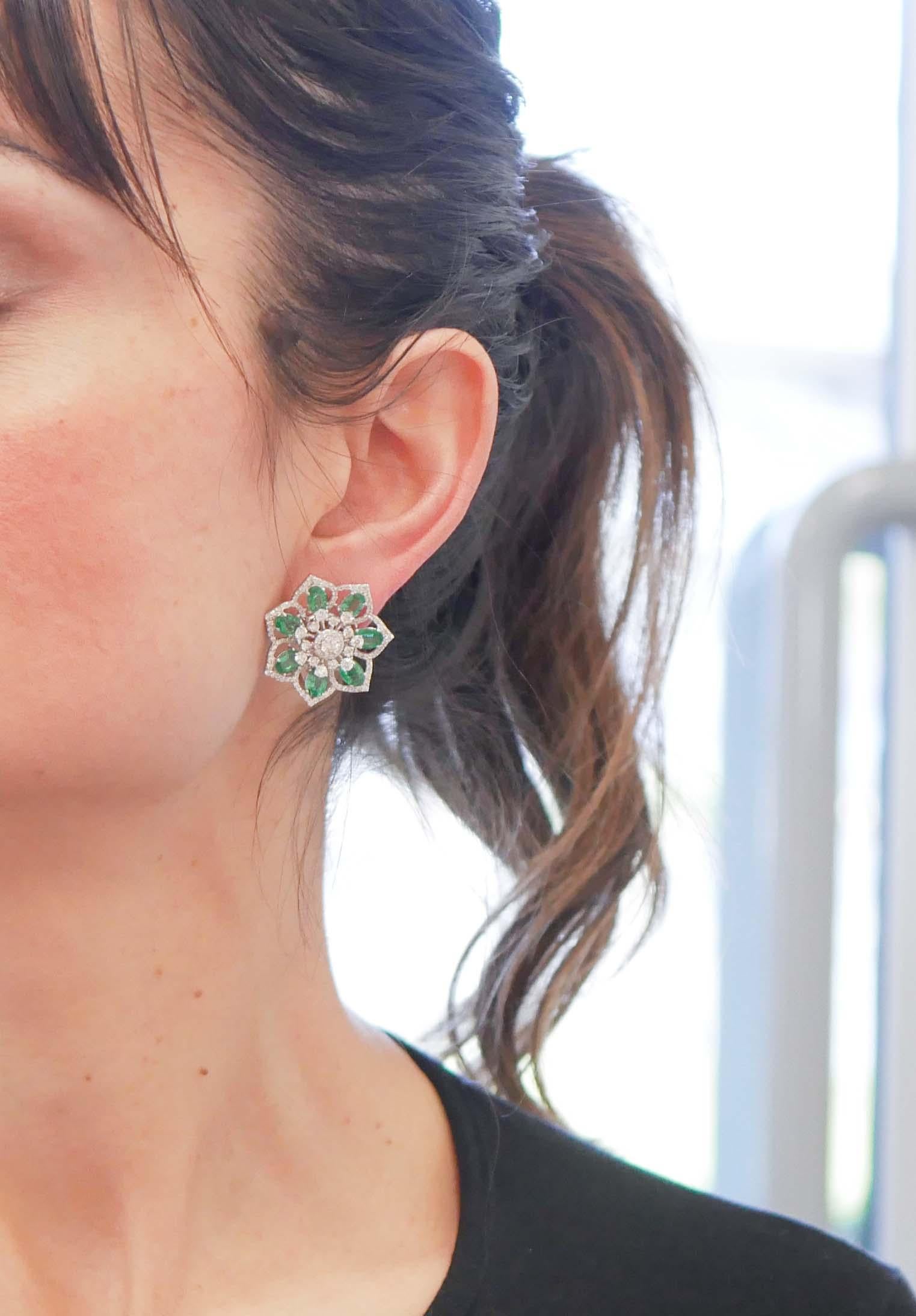 Mixed Cut Emeralds, Diamonds, 14 Karat White Gold Flower Earrings For Sale