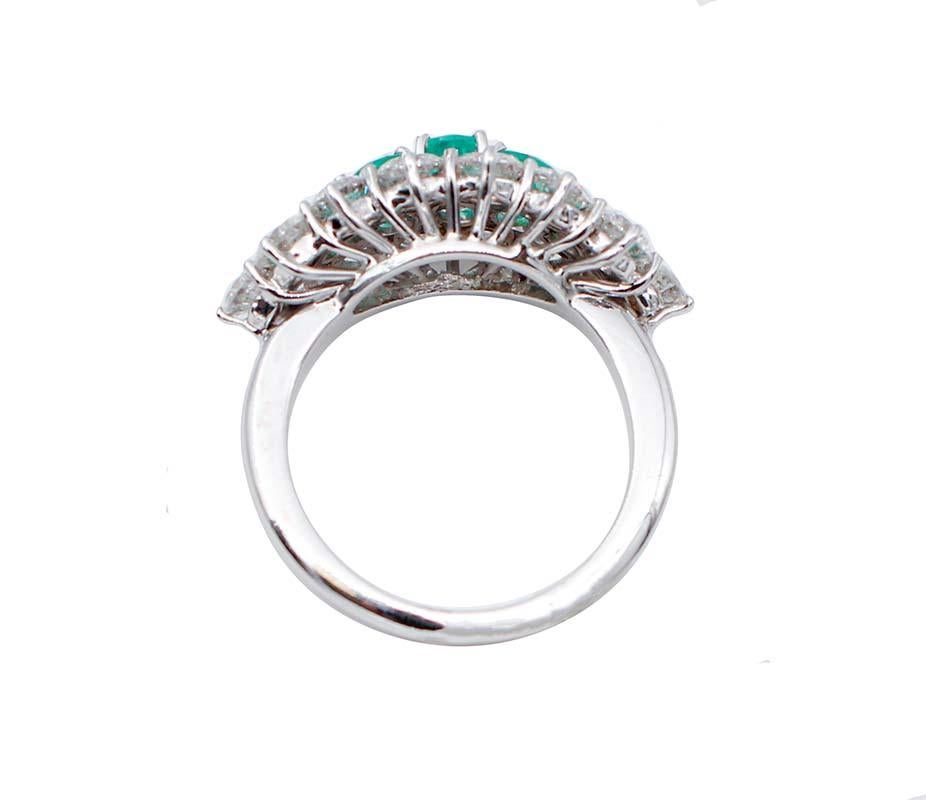 Retro Emeralds, Diamonds, 14 Karat White Gold Ring For Sale