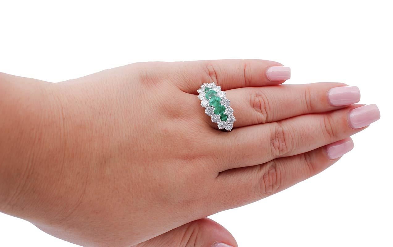 Mixed Cut Emeralds, Diamonds, 14 Karat White Gold Ring For Sale