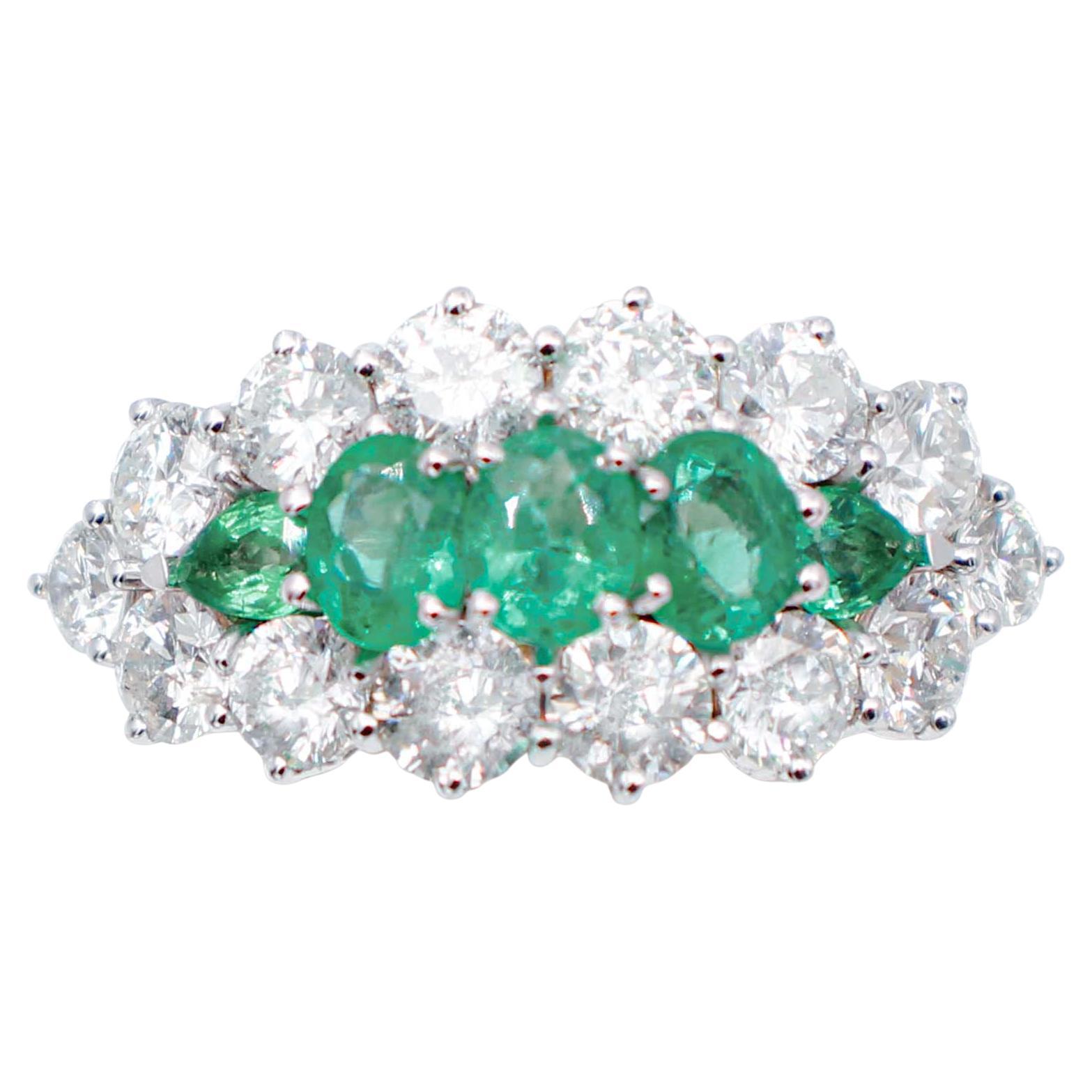 Emeralds, Diamonds, 14 Karat White Gold Ring For Sale