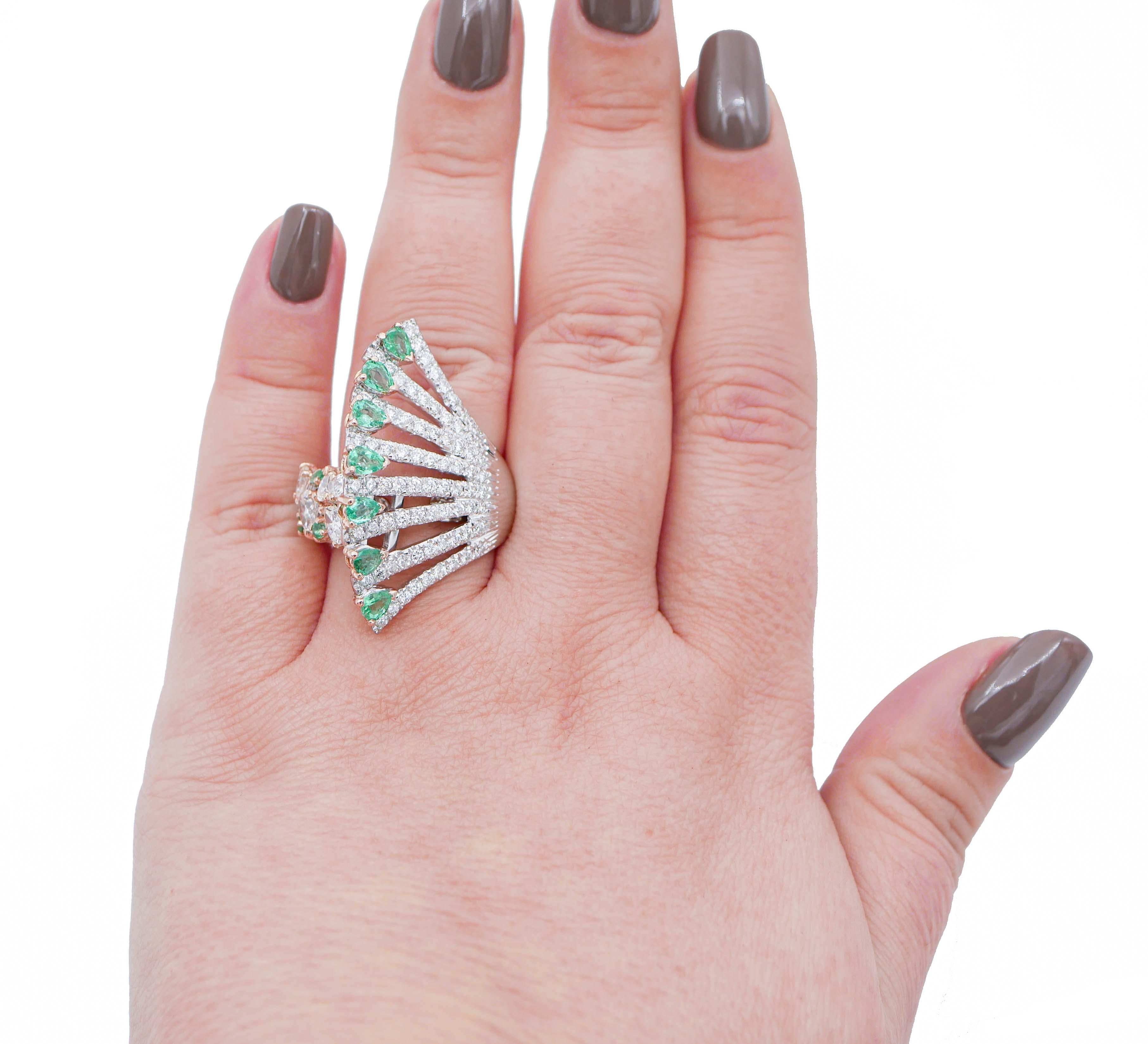 Mixed Cut Emeralds, Diamonds, 18 Karat White and Rose Gold Ring For Sale