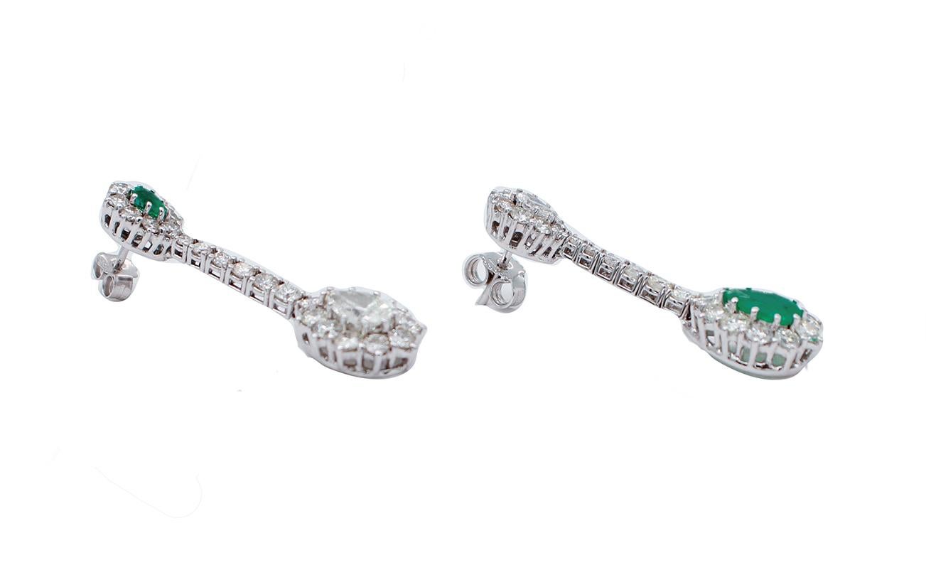 Retro Emeralds, Diamonds, 18 Karat White Gold Dangle Earrings