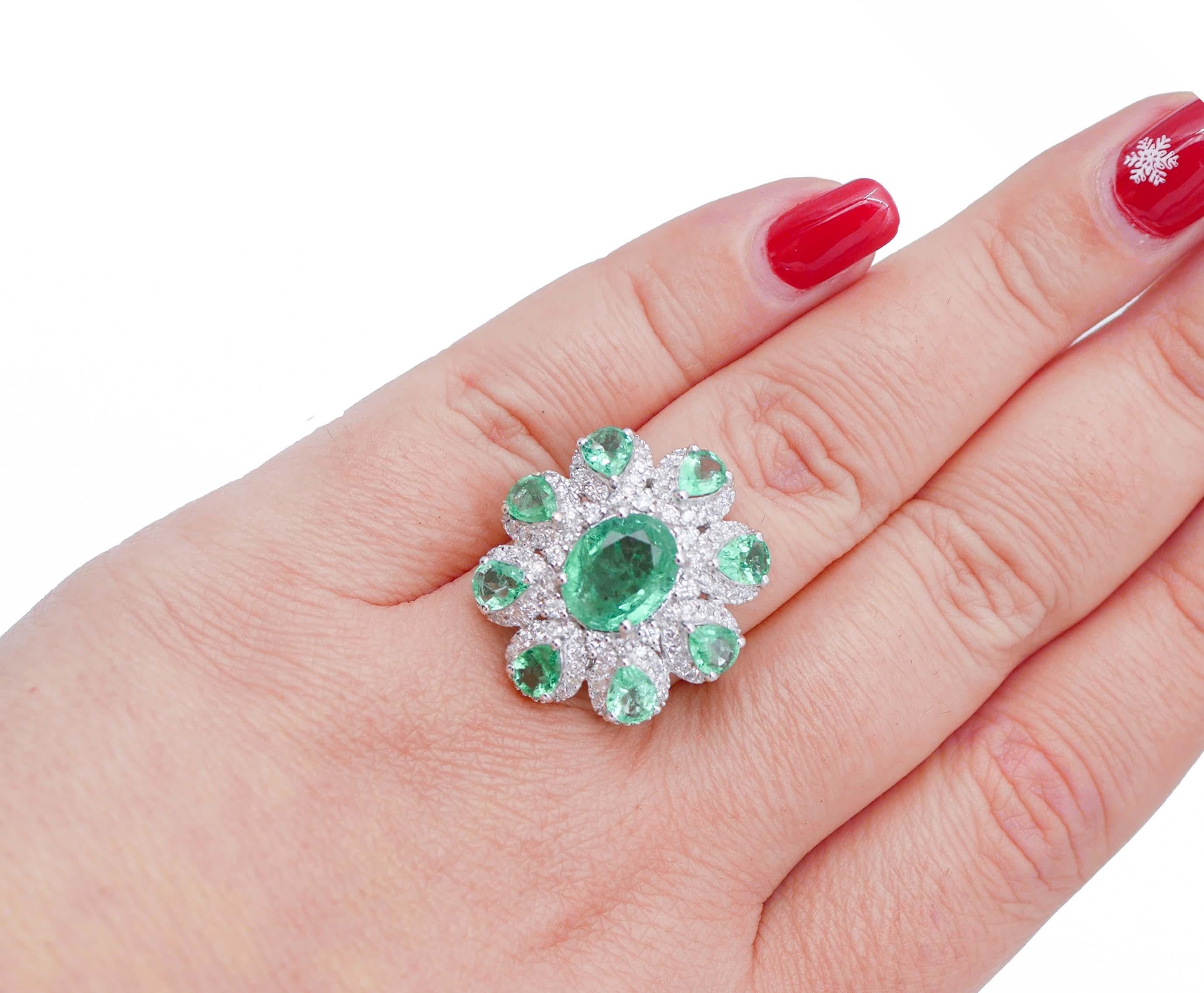 Mixed Cut Emeralds, Diamonds, 18 Karat White Gold Flower Ring For Sale