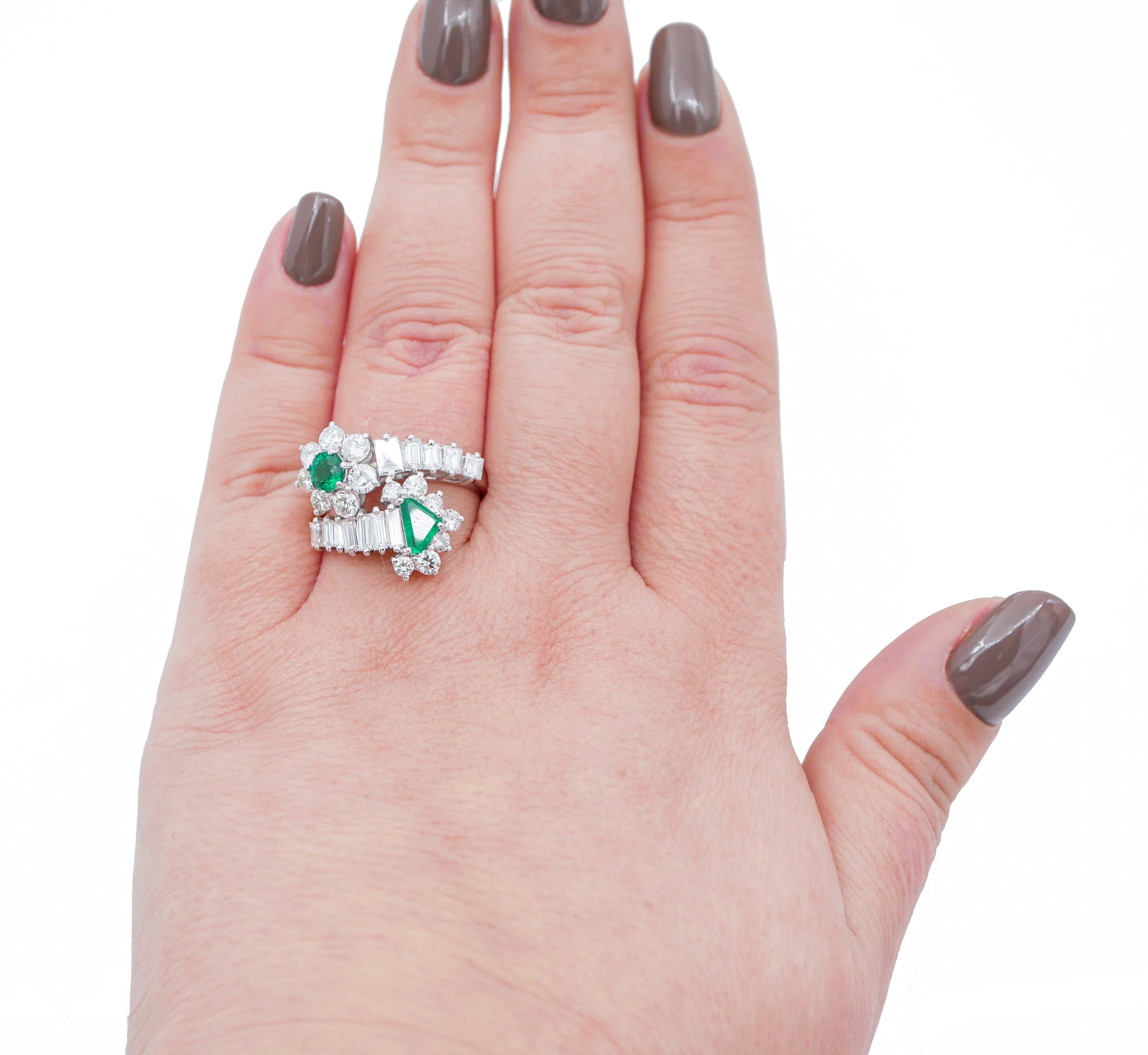 Mixed Cut Emeralds, Diamonds, 18 Karat White Gold Ring