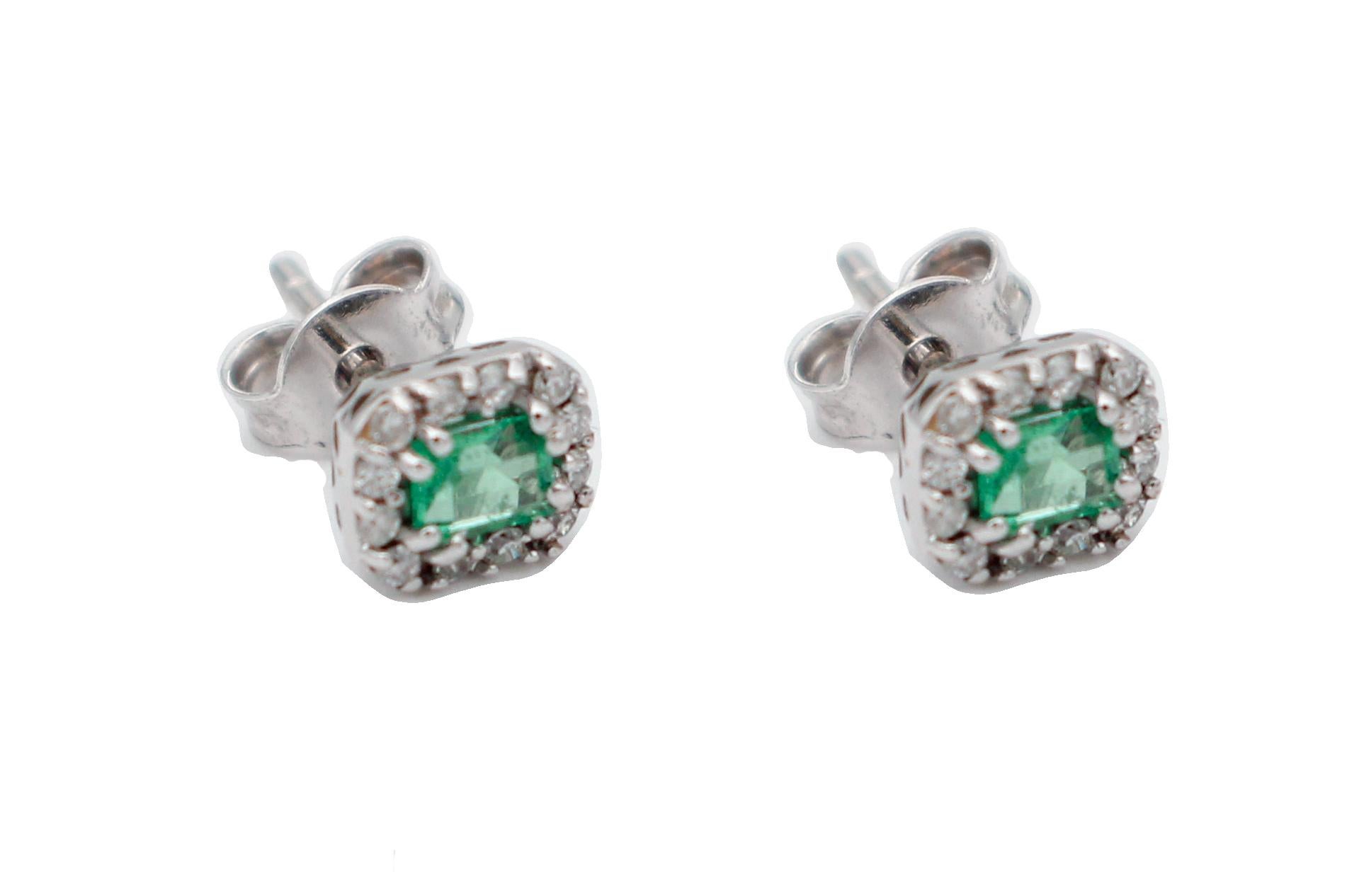 Mixed Cut Emeralds, Diamonds, 18 Karat White Gold Stud Earrings