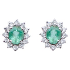 Emeralds, Diamonds, 18 Karat White Gold Stud Earrings