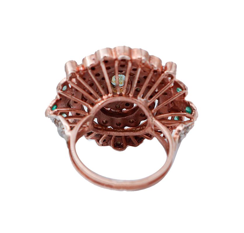 Retro Emeralds, Diamonds, 9 Karat Rose Gold and Silver Retrò Ring For Sale