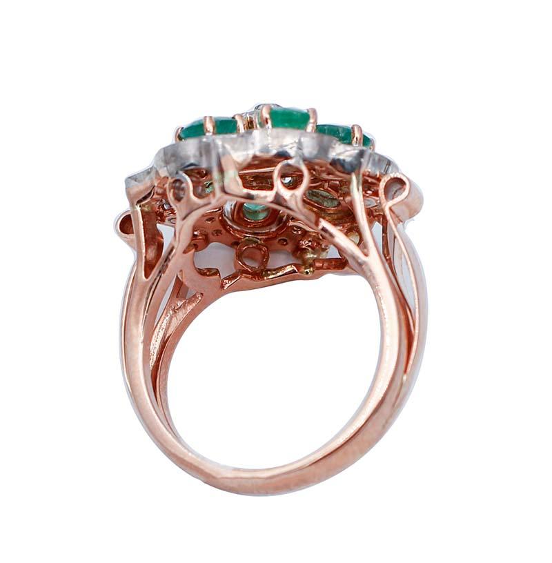 Retro Emeralds, Diamonds, 9 Karat Rose Gold and Silver Ring For Sale