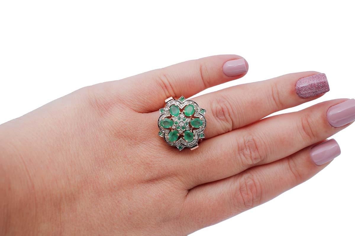 Mixed Cut Emeralds, Diamonds, 9 Karat Rose Gold and Silver Ring For Sale