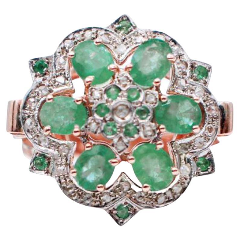 Emeralds, Diamonds, 9 Karat Rose Gold and Silver Ring