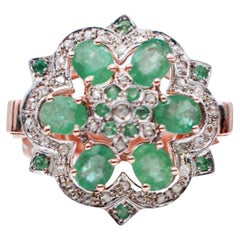 Emeralds, Diamonds, 9 Karat Rose Gold and Silver Ring