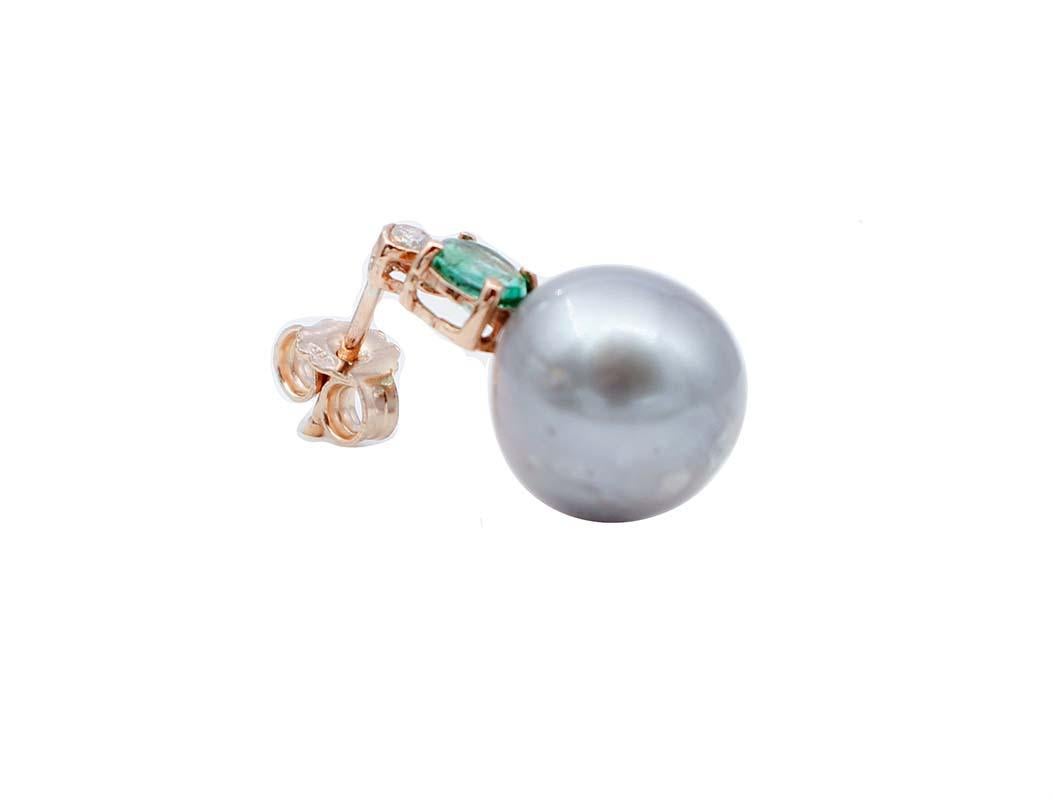 Retro Emeralds, Diamonds, Grey Pearls, 14 Karat Rose Gold Stud Earrings