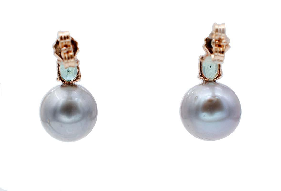 Mixed Cut Emeralds, Diamonds, Grey Pearls, 14 Karat Rose Gold Stud Earrings