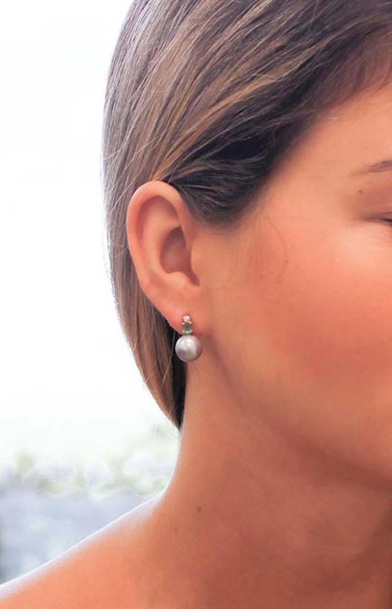 Women's Emeralds, Diamonds, Grey Pearls, 14 Karat Rose Gold Stud Earrings