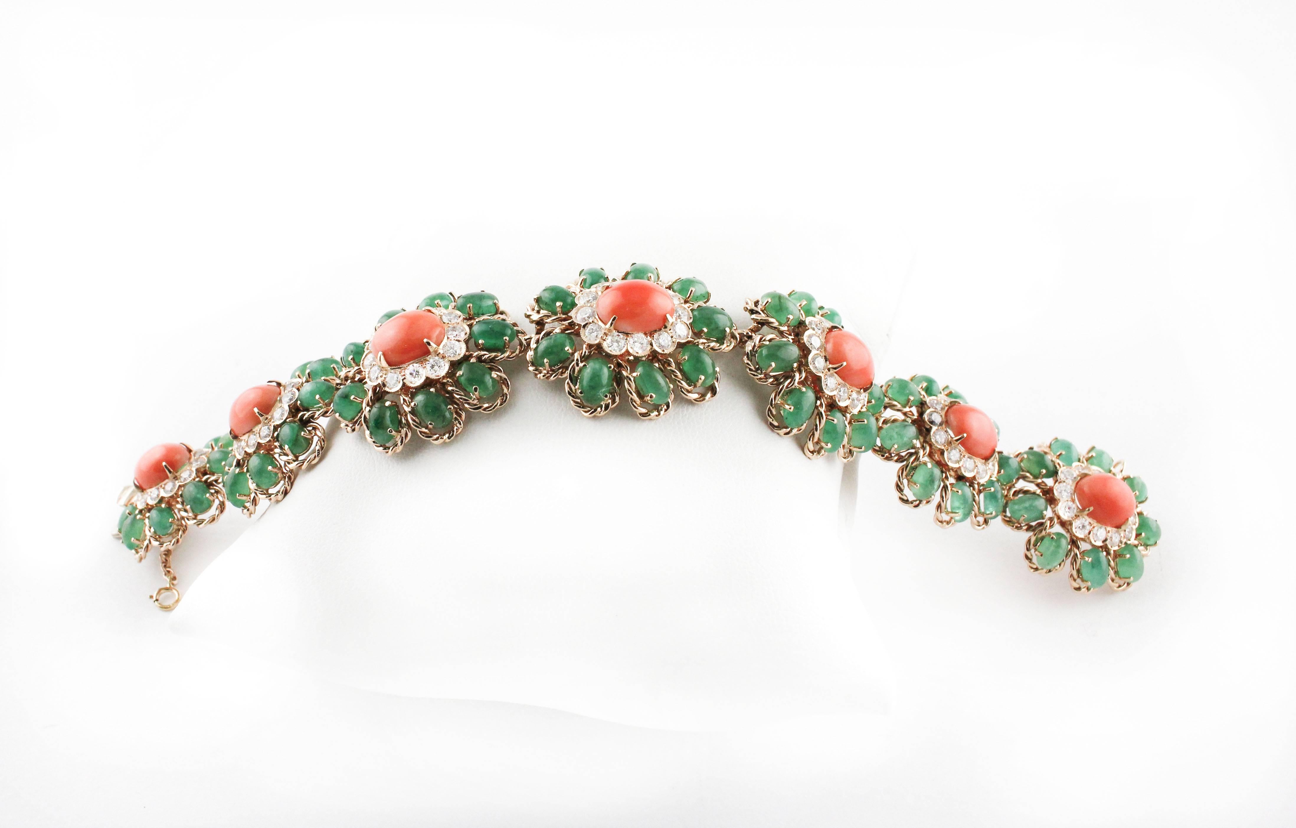 Retro Emeralds Diamonds Oval Shape Pink Corals, Rose Gold, Flower Theme Retrò Bracelet