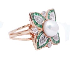 Emeralds, Diamonds, Pearl, Rose Gold and Silver Retrò Ring