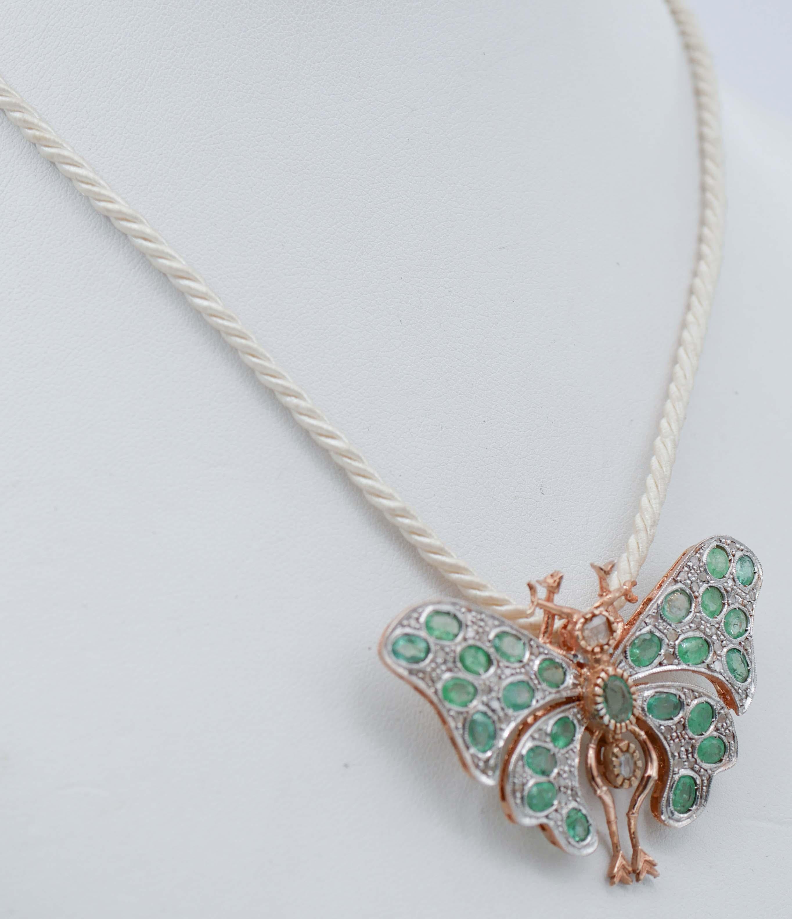 Retro Emeralds, Diamonds, Rose Gold and Silver Butterfly Brooch/Pendant For Sale