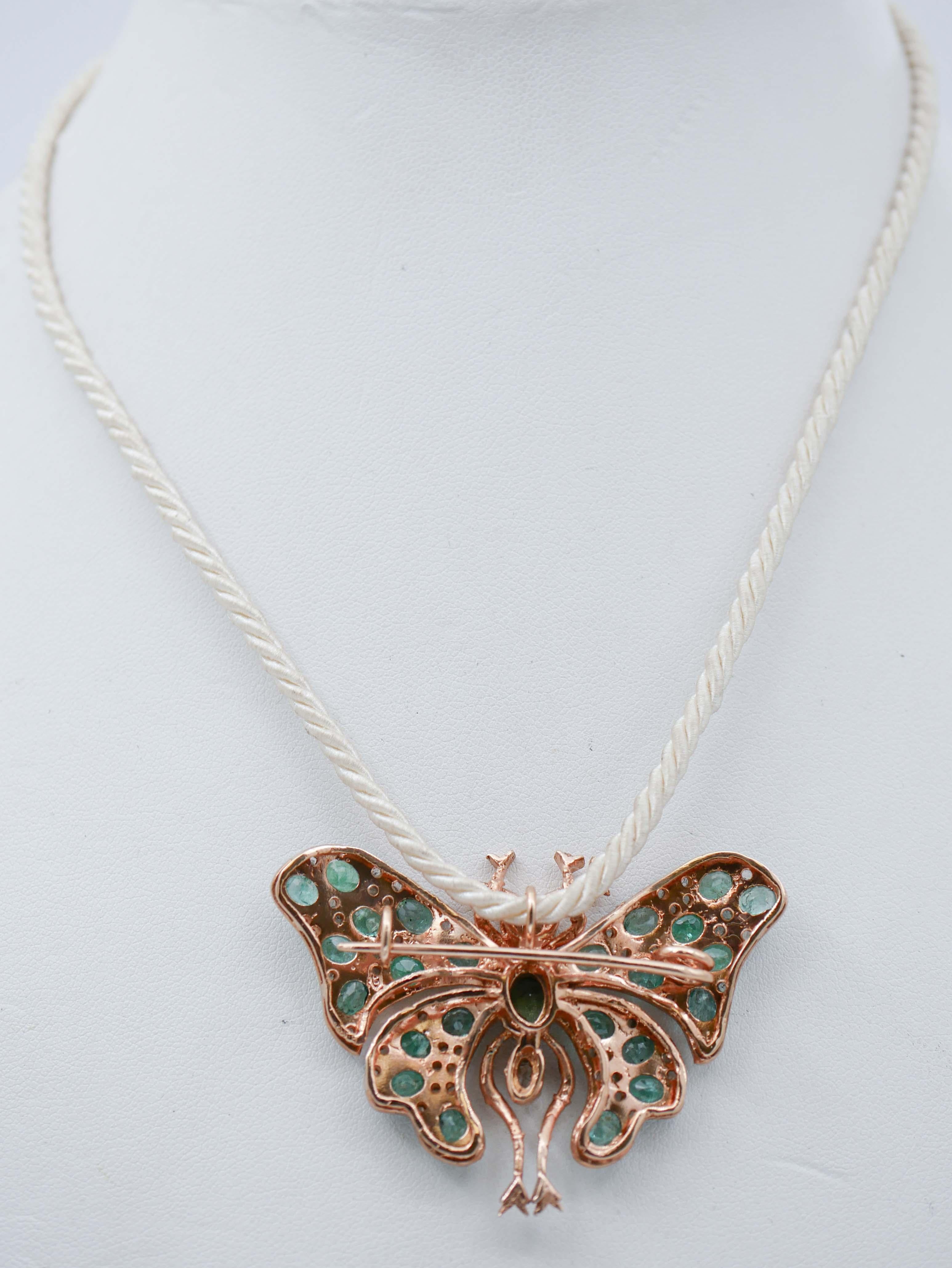 Mixed Cut Emeralds, Diamonds, Rose Gold and Silver Butterfly Brooch/Pendant For Sale