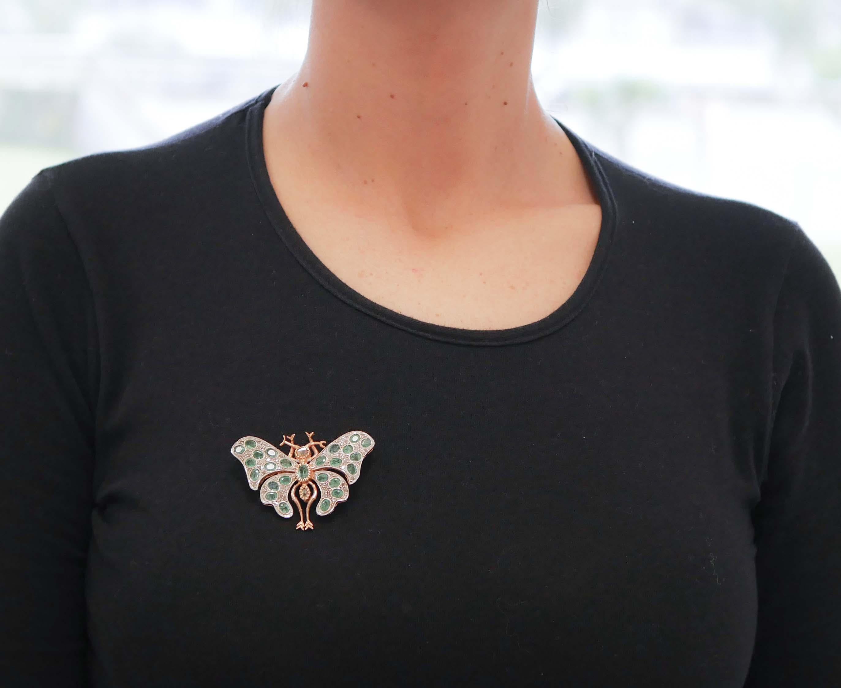 Emeralds, Diamonds, Rose Gold and Silver Butterfly Brooch/Pendant For Sale 1