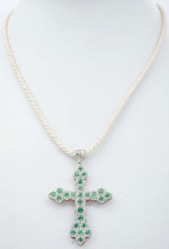 Emeralds, Diamonds, Rose Gold and Silver Cross Pendant Necklace