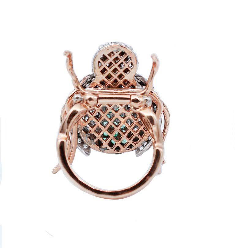 Retro Emeralds, Diamonds, Rose Gold and Silver Ladybug Shape Ring For Sale