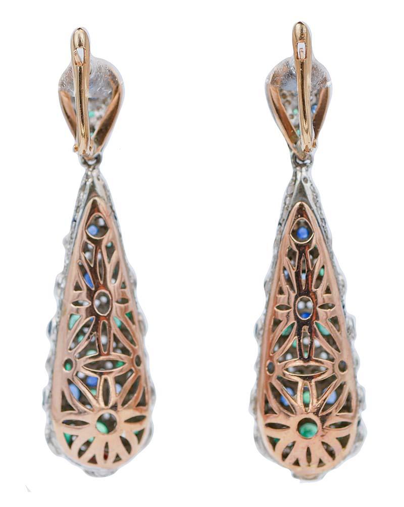 Retro Emeralds, Diamonds, Sapphires, Rose Gold and Silver Dangle Earrings