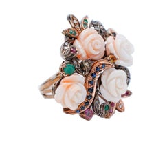 Emeralds, Diamonds, Sapphires, Rubies, Coral, 9 Karat Rose Gold and Silver Ring