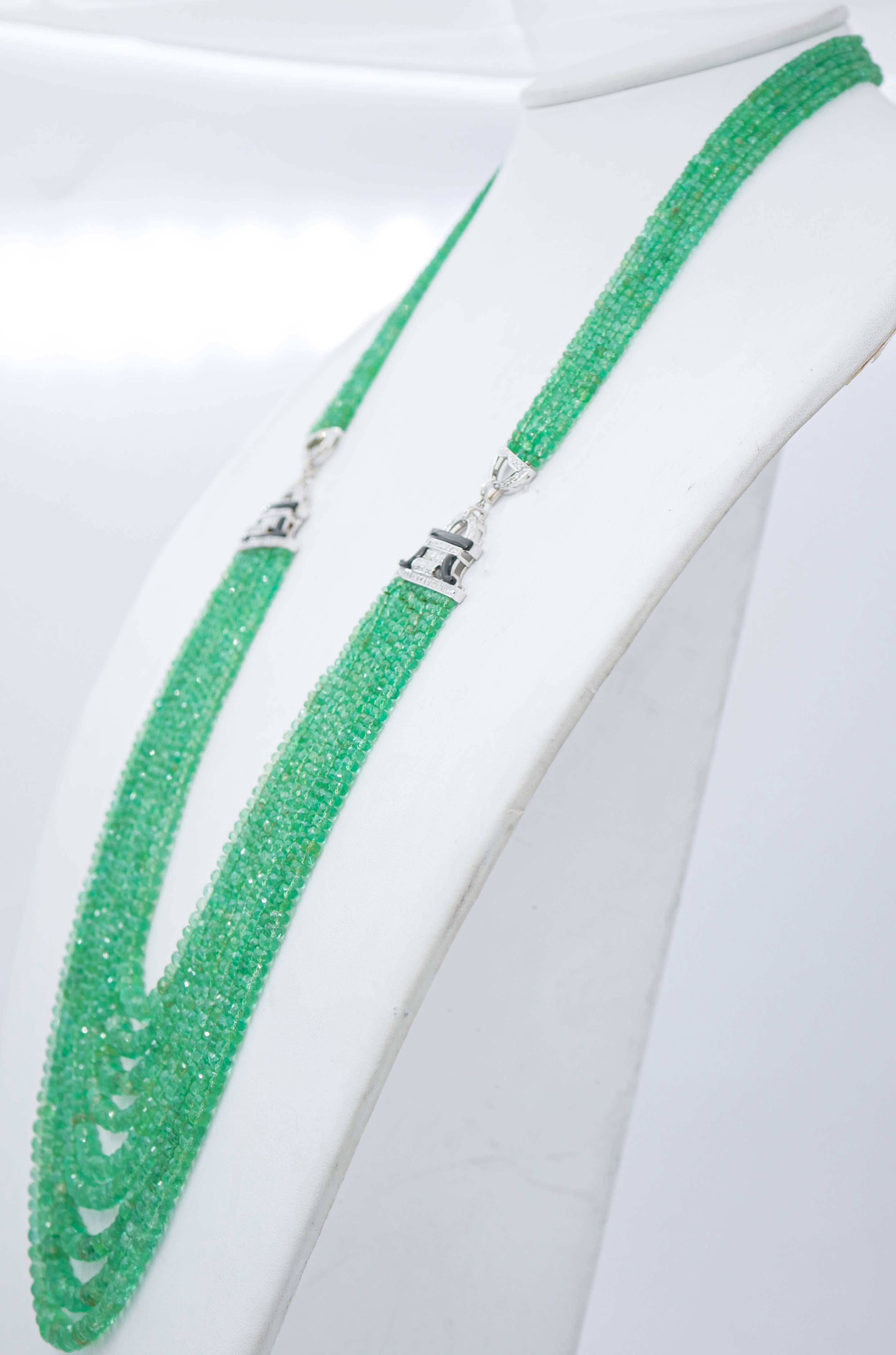 Retro Emeralds, Onyx, Diamonds, 14 Karat White Gold Necklace For Sale