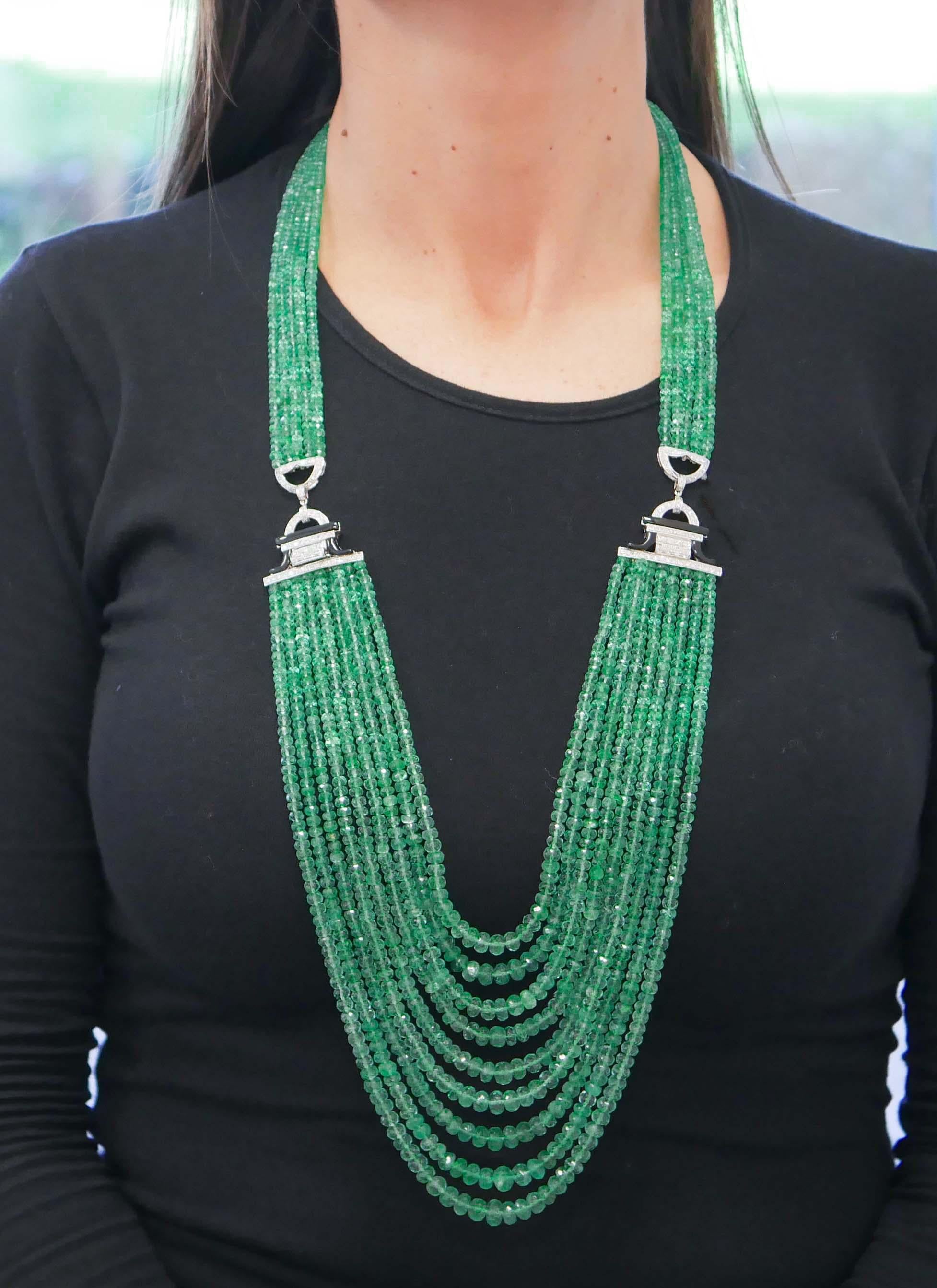 Women's Emeralds, Onyx, Diamonds, 14 Karat White Gold Necklace For Sale