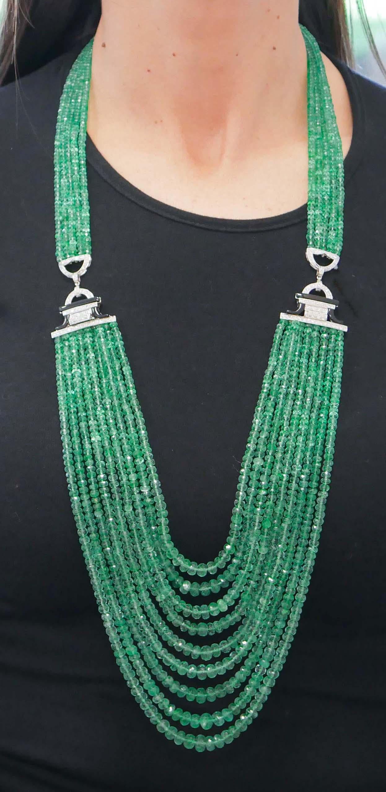 Emeralds, Onyx, Diamonds, 14 Karat White Gold Necklace For Sale 1