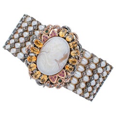 Emeralds,Rubies,Diamonds,Topaz,Pearls,Cameo,9kt Rose Gold and Silver Bracelet