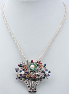 Emeralds Rubies Sapphires Black and White Diamonds Gold Brooch/Pendant Necklace