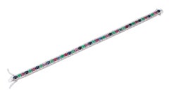 Emeralds, Rubies, Sapphires, Diamonds, 14 Karat White Gold Tennis Bracelet