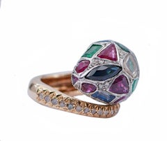 Emeralds, Rubies, Sapphires, Diamonds, 14 Kt Rose Gold and Silver Snake Ring