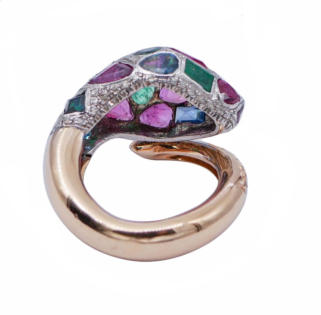 Retro Emeralds, Rubies, Sapphires, Diamonds, 14 Kt Rose Gold and Silver Snake Ring